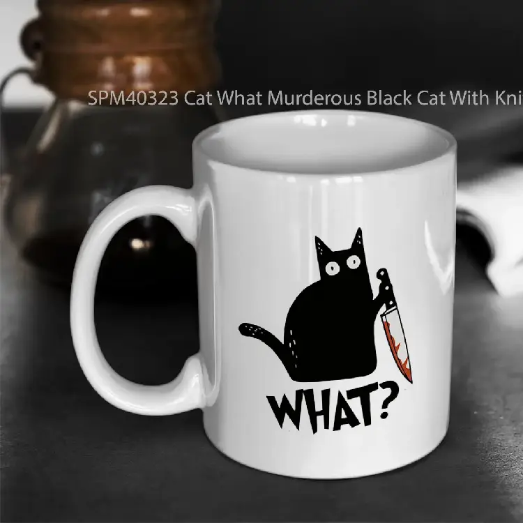 SPM40323 Cat What Murderous Black Cat With Knife Gift Premium T Shirt Gelas Keramik Supermug