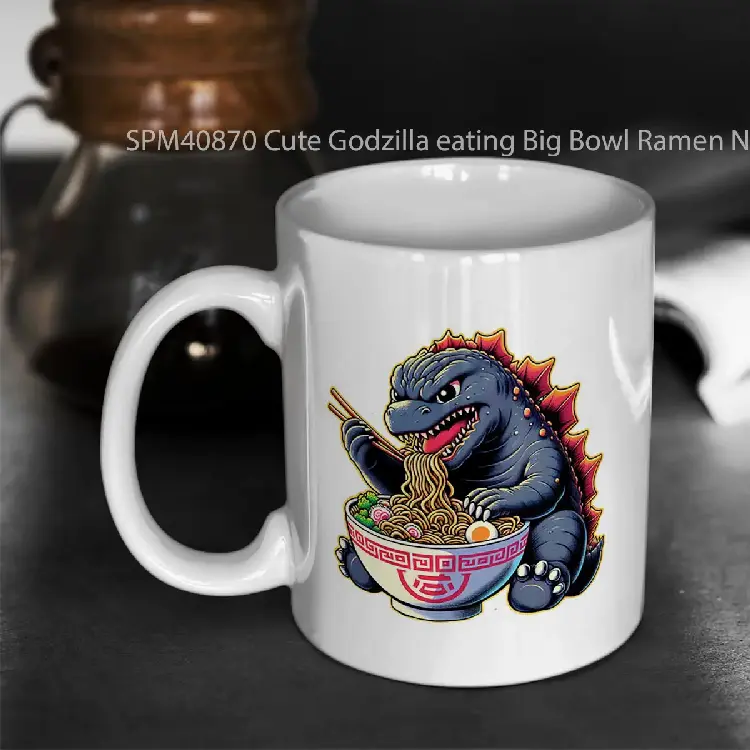 SPM40870 Cute Godzilla eating Big Bowl Ramen Noodle Gelas Keramik Supermug