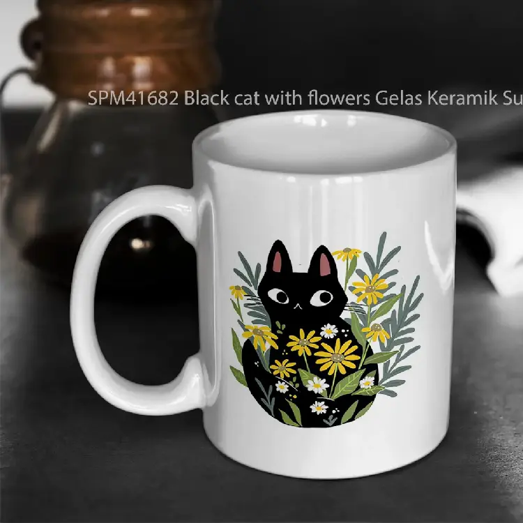 SPM41682 Black cat with flowers Gelas Keramik Supermug
