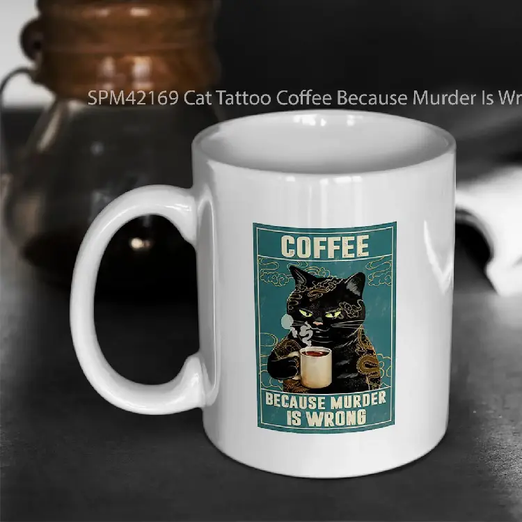 SPM42169 Cat Tattoo Coffee Because Murder Is Wrong Gelas Keramik Supermug