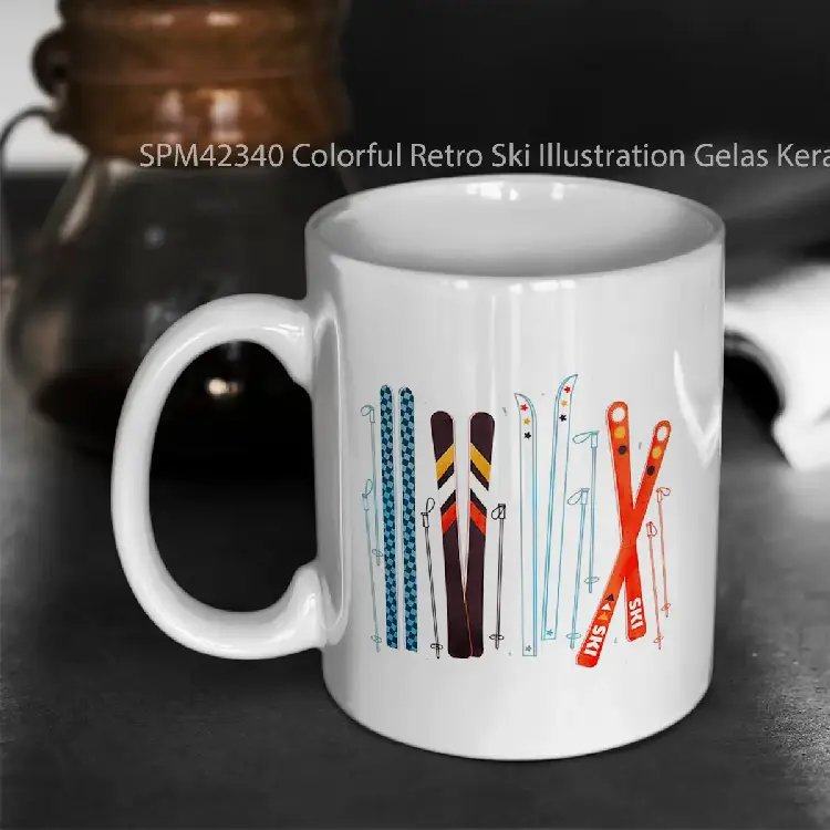 SPM42340 Colorful Retro Ski Illustration Gelas Keramik Supermug