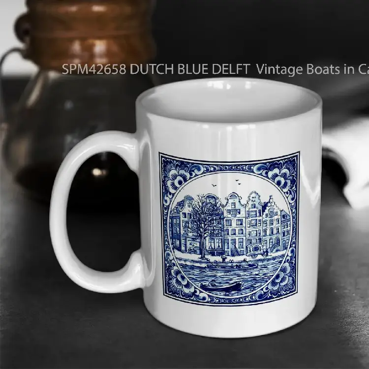 SPM42658 DUTCH BLUE DELFT  Vintage Boats in Canal Amsterdam Print Gelas Keramik Supermug