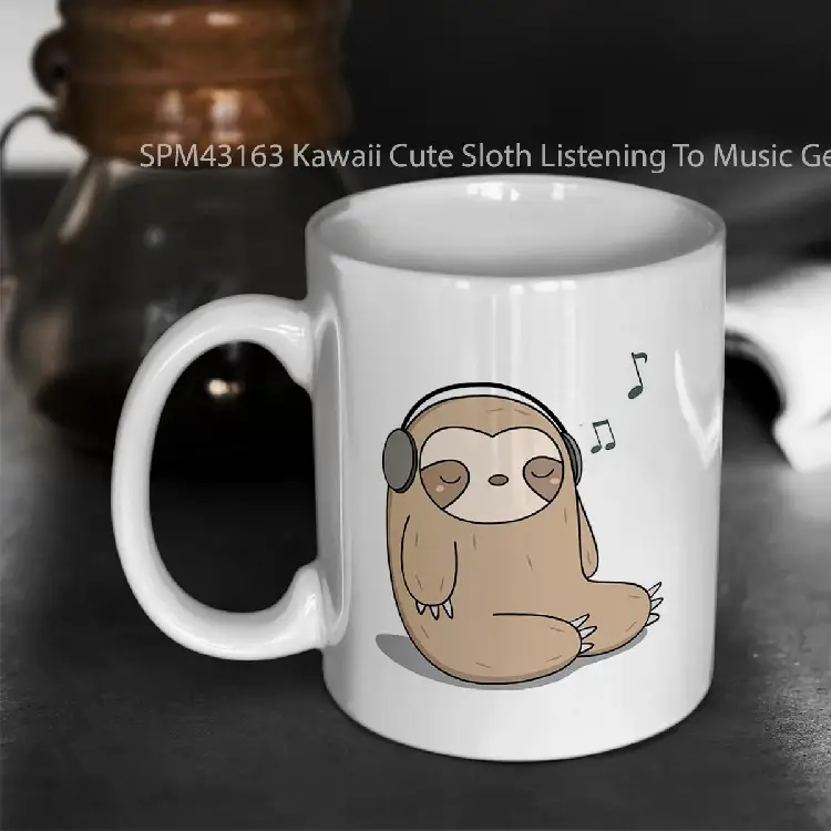 SPM43163 Kawaii Cute Sloth Listening To Music Gelas Keramik Supermug