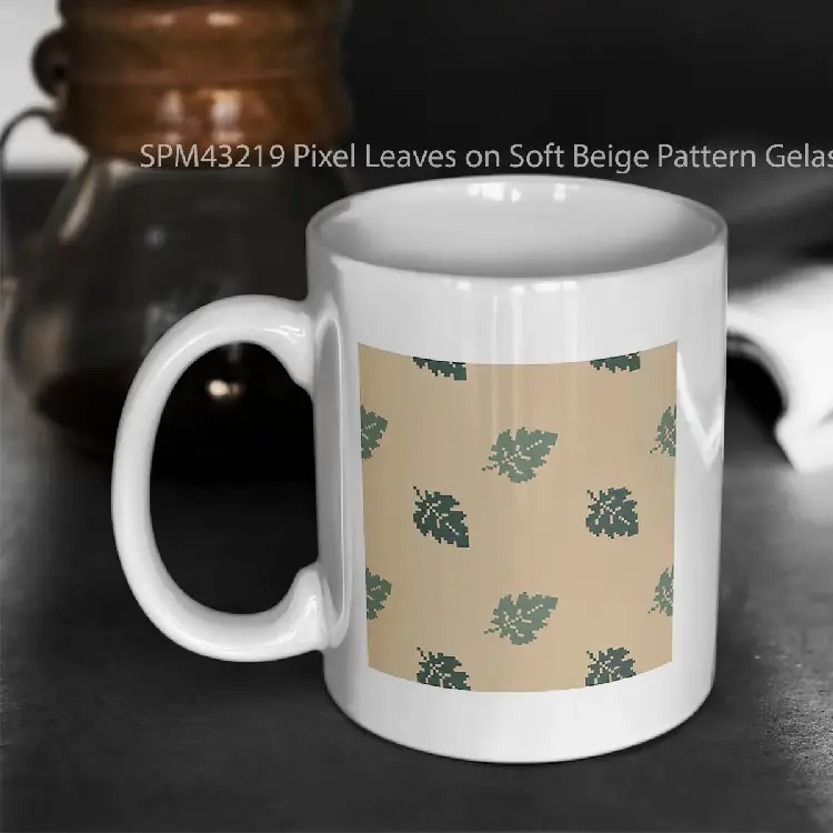 SPM43219 Pixel Leaves on Soft Beige Pattern Gelas Keramik Supermug