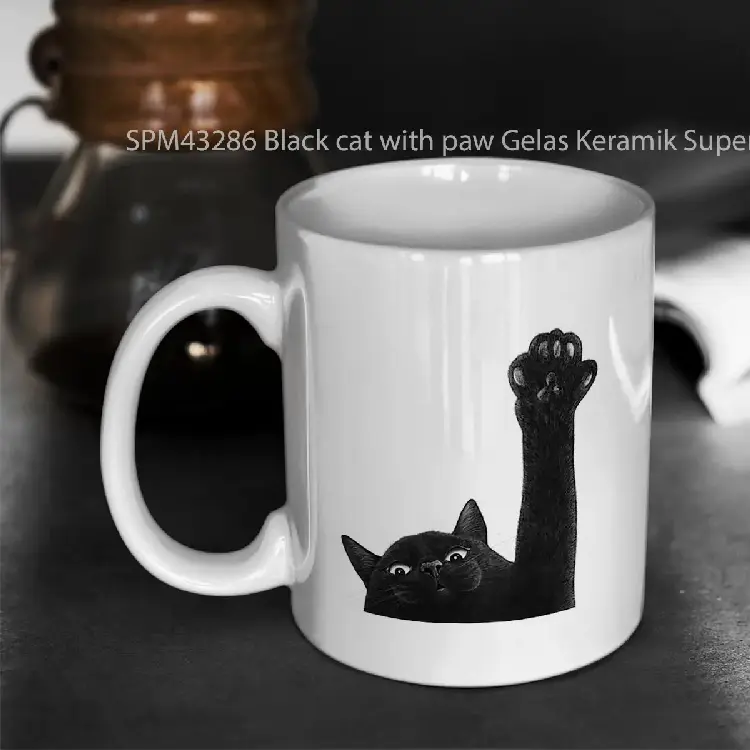 SPM43286 Black cat with paw Gelas Keramik Supermug