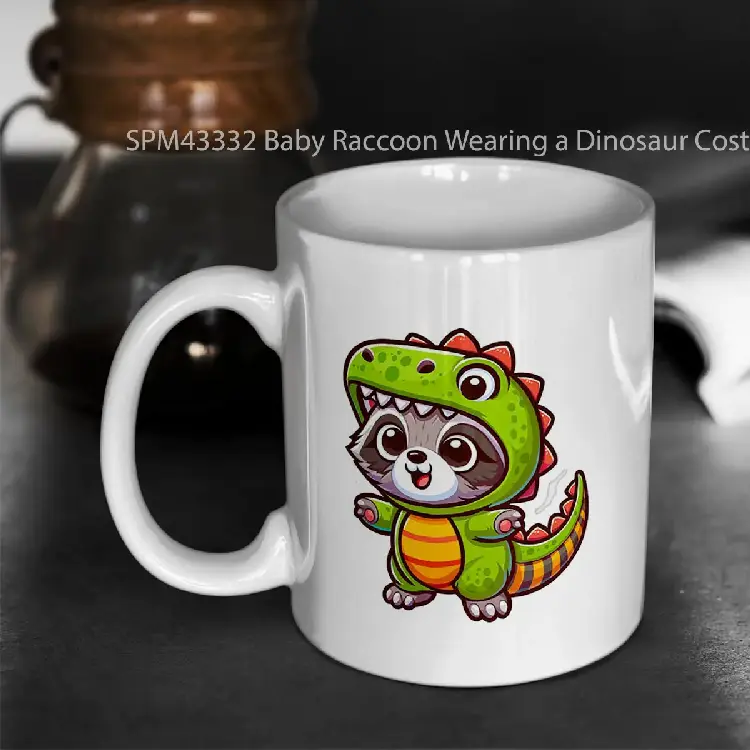 SPM43332 Baby Raccoon Wearing a Dinosaur Costume Gelas Keramik Supermug