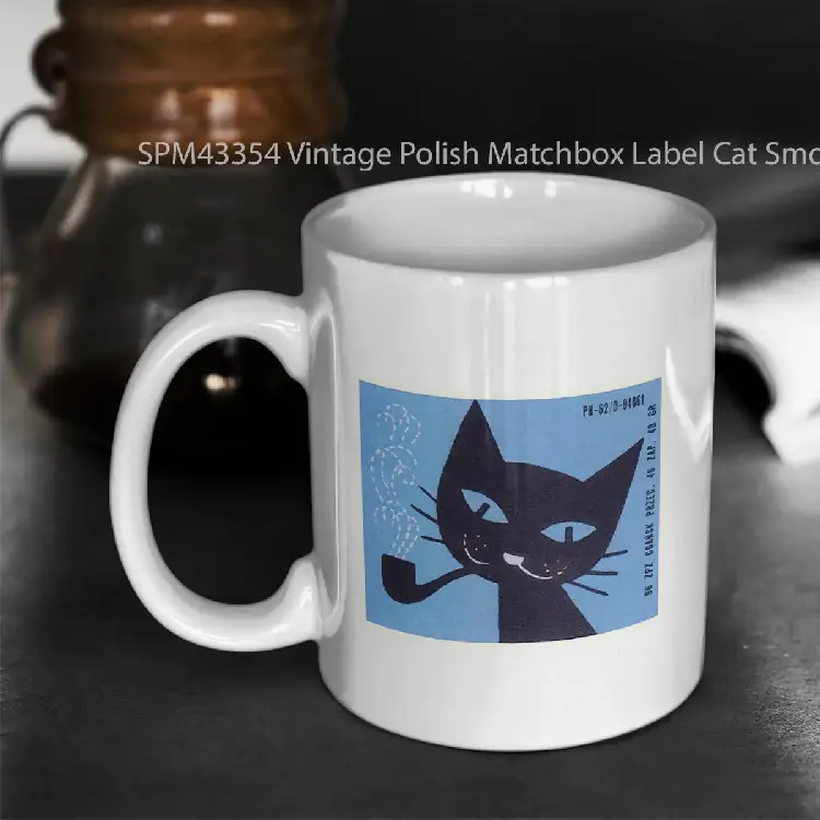 SPM43354 Vintage Polish Matchbox Label Cat Smoking Pipe Gelas Keramik Supermug