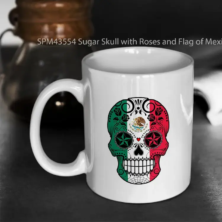 SPM43554 Sugar Skull with Roses and Flag of Mexico Gelas Keramik Supermug