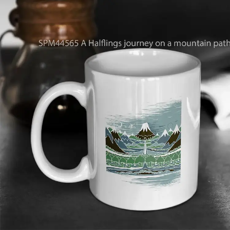 SPM44565 A Halflings journey on a mountain path through an elven wood in the style of JRRTolkien Gelas Keramik Supermug