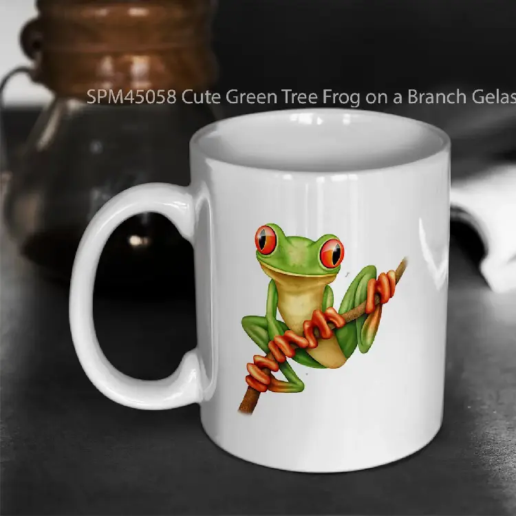 SPM45058 Cute Green Tree Frog on a Branch Gelas Keramik Supermug