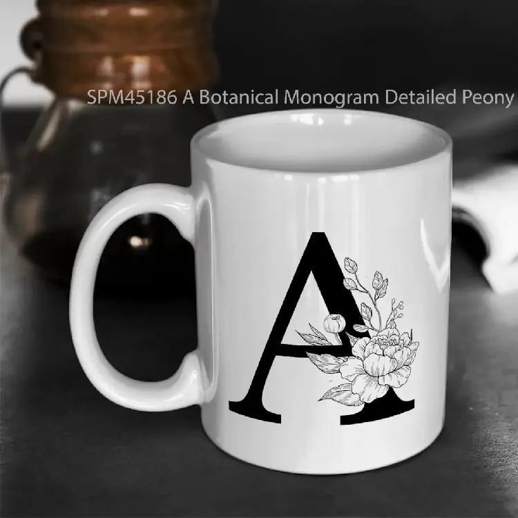 SPM45186 A Botanical Monogram Detailed Peony Drawing Gelas Keramik Supermug