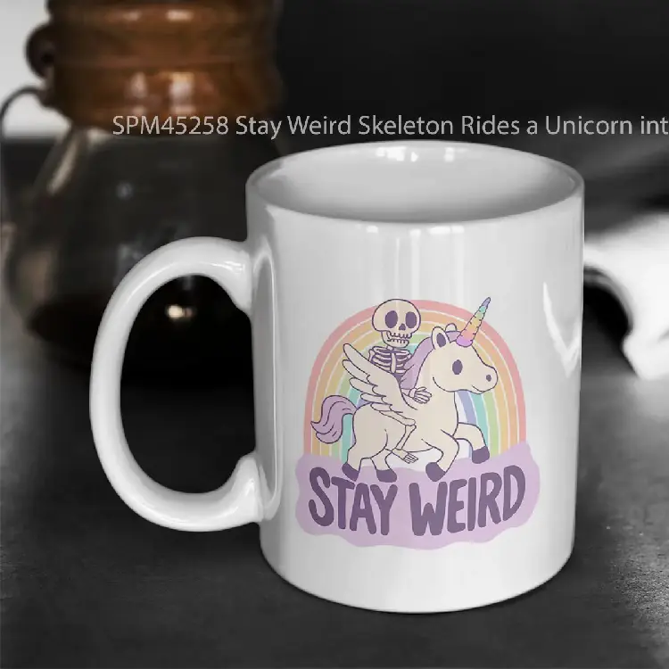 SPM45258 Stay Weird Skeleton Rides a Unicorn into the Surreal Gelas Keramik Supermug