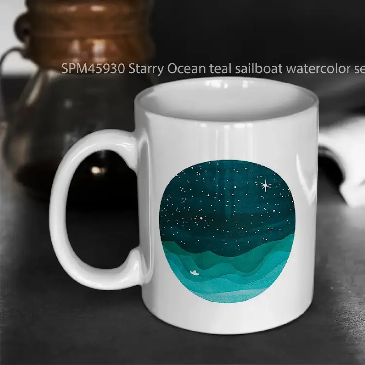 SPM45930 Starry Ocean teal sailboat watercolor sea waves night Gelas Keramik Supermug