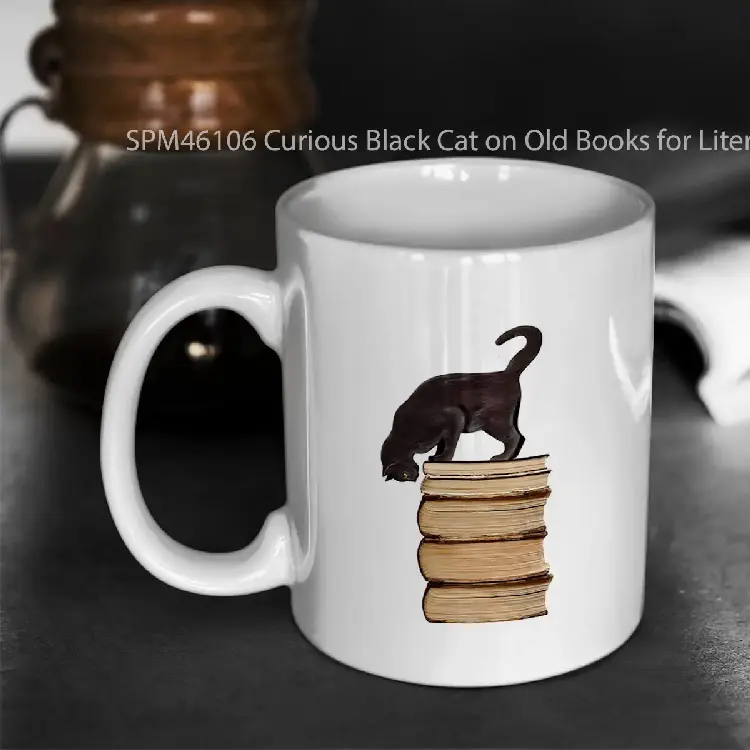 SPM46106 Curious Black Cat on Old Books for Literary Cat Lovers Gelas Keramik Supermug