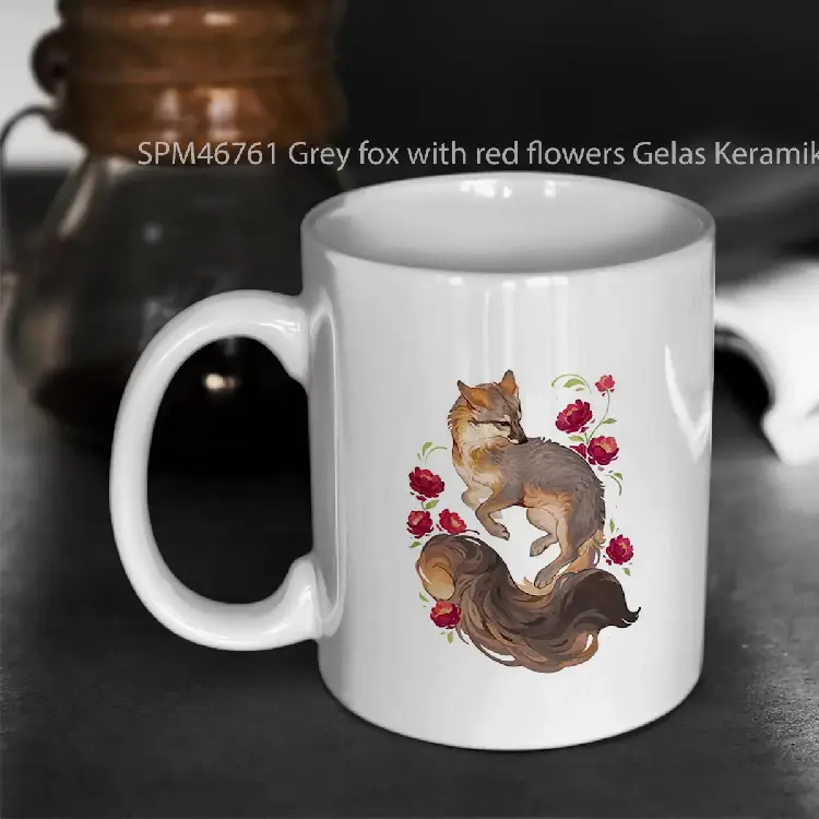 SPM46761 Grey fox with red flowers Gelas Keramik Supermug