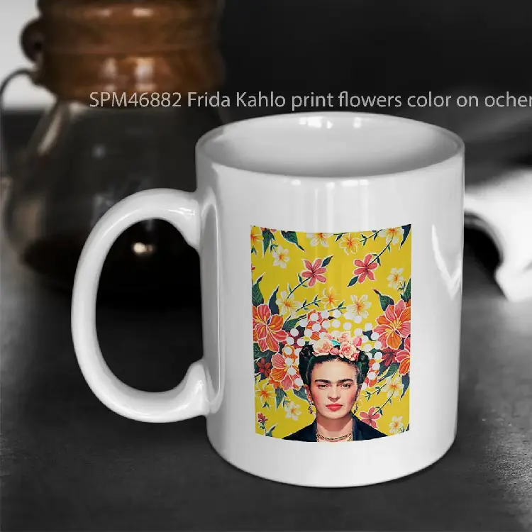 SPM46882 Frida Kahlo print flowers color on ocher Mexican tablecloth Gelas Keramik Supermug