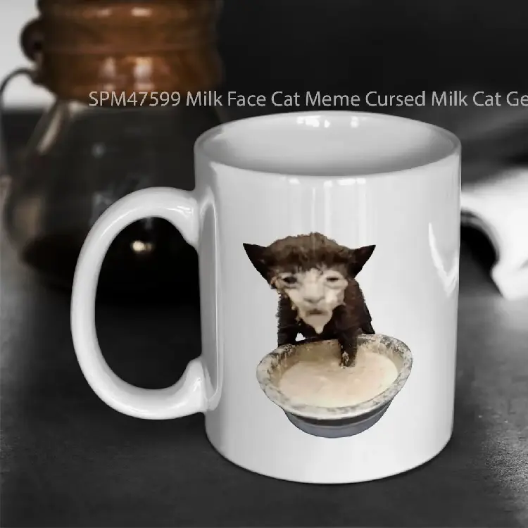 SPM47599 Milk Face Cat Meme Cursed Milk Cat Gelas Keramik Supermug