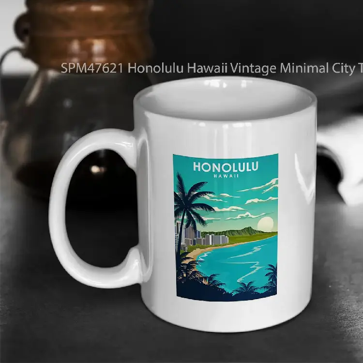 SPM47621 Honolulu Hawaii Vintage Minimal City Travel Poster Gelas Keramik Supermug