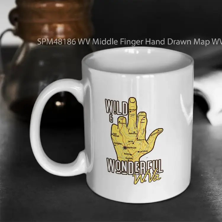 SPM48186 WV Middle Finger Hand Drawn Map WV Wild and Wonderful Gift Gelas Keramik Supermug