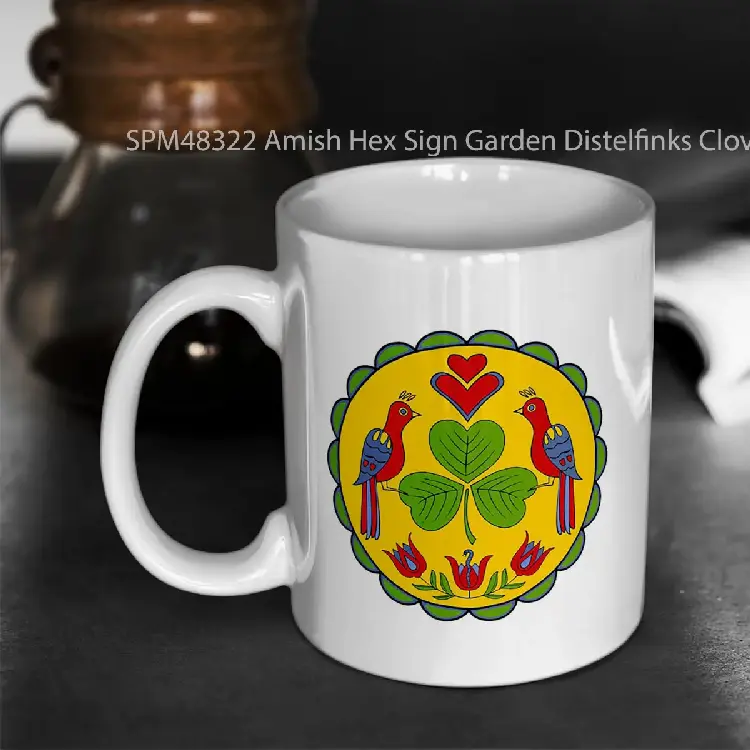 SPM48322 Amish Hex Sign Garden Distelfinks Clover Hearts 1 Gelas Keramik Supermug