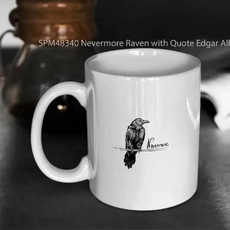 SPM48340 Nevermore Raven with Quote Edgar Allan Poe Illustration Gelas Keramik Supermug