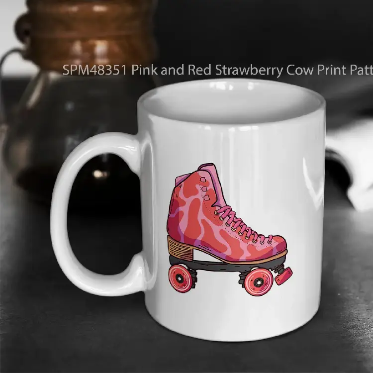 SPM48351 Pink and Red Strawberry Cow Print Pattern Roller Skate Gelas Keramik Supermug