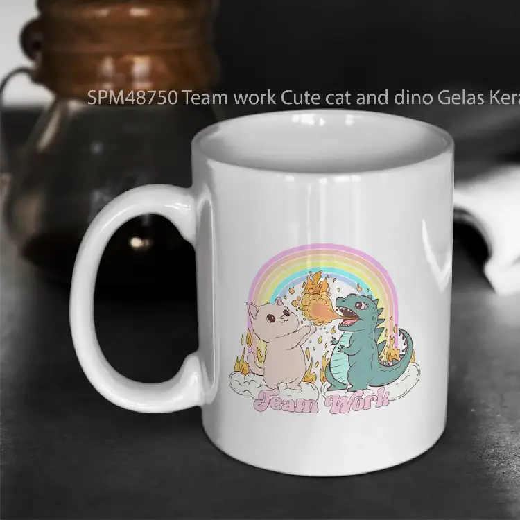 SPM48750 Team work Cute cat and dino Gelas Keramik Supermug