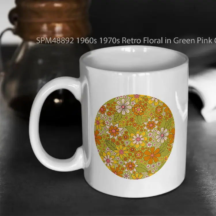 SPM48892 1960s 1970s Retro Floral in Green Pink Orange Flower Power Gelas Keramik Supermug