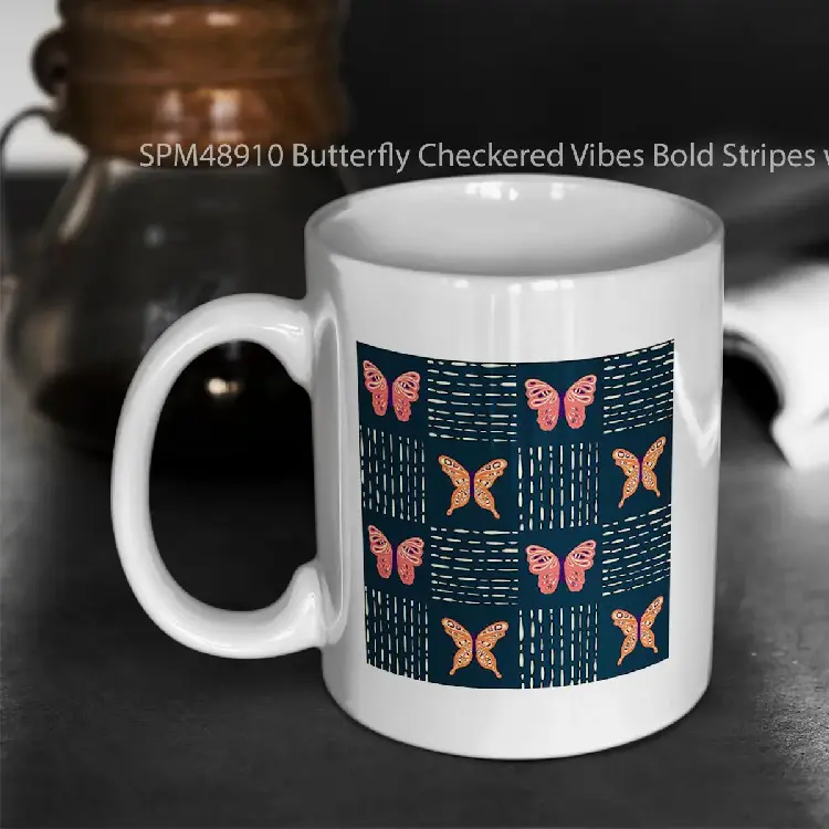 SPM48910 Butterfly Checkered Vibes Bold Stripes with Whimsy Wings Gelas Keramik Supermug