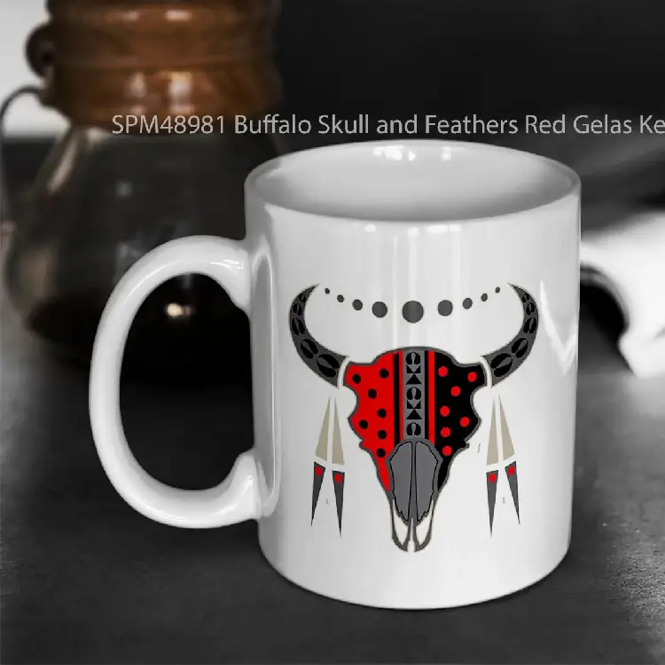 SPM48981 Buffalo Skull and Feathers Red Gelas Keramik Supermug