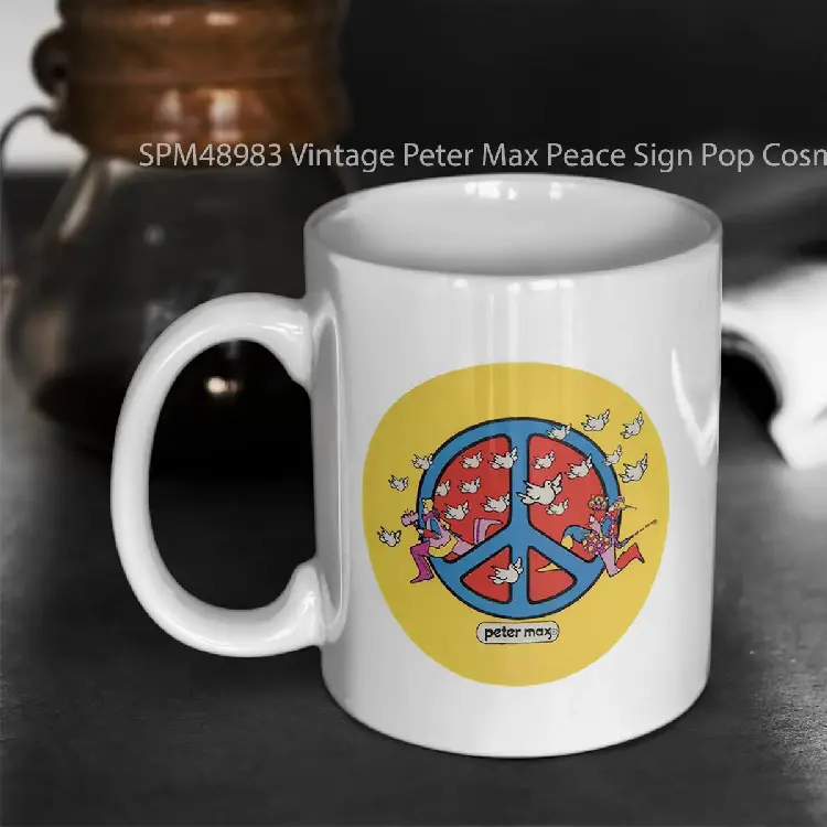 SPM48983 Vintage Peter Max Peace Sign Pop Cosmic Art Era Woodstock Music Hippie Gelas Keramik Supermug
