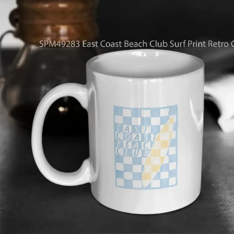 SPM49283 East Coast Beach Club Surf Print Retro Checkerboard Coastal Art Watercolor Surfboard Design Preppy Summer Aesthetic Gelas Keramik Supermug