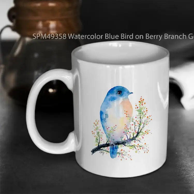 SPM49358 Watercolor Blue Bird on Berry Branch Gelas Keramik Supermug