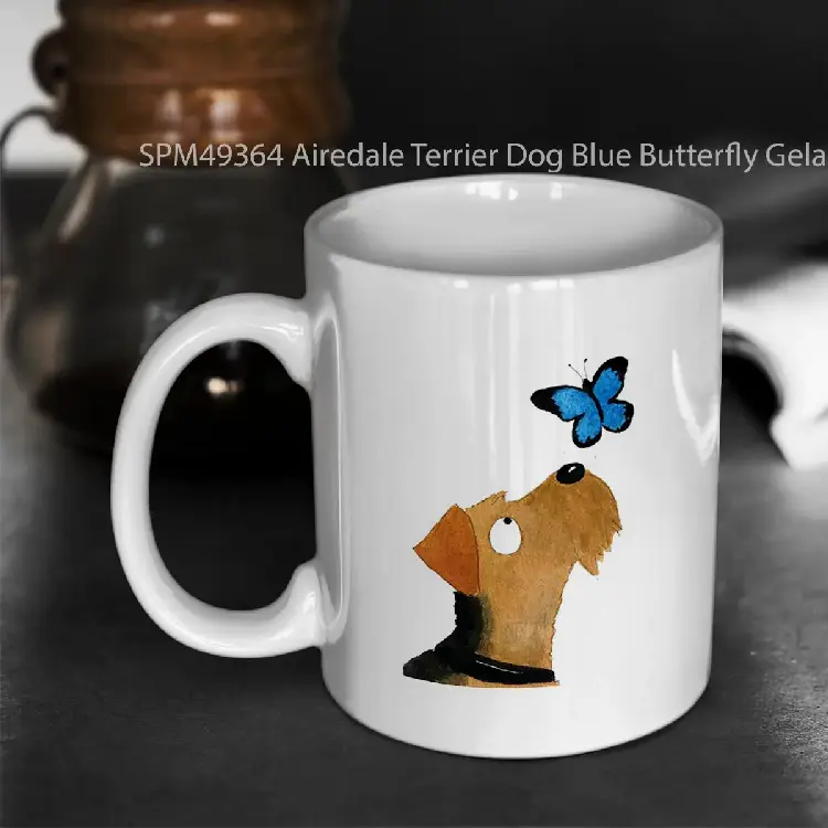 SPM49364 Airedale Terrier Dog Blue Butterfly Gelas Keramik Supermug