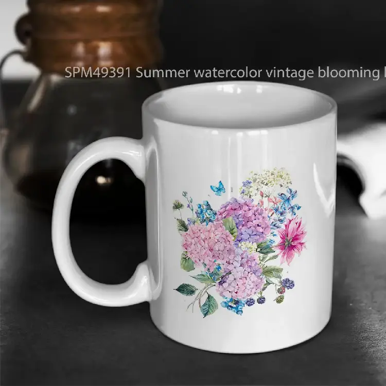 SPM49391 Summer watercolor vintage blooming hydrangea and garden flowers Gelas Keramik Supermug