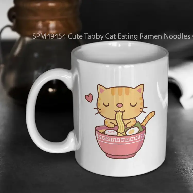SPM49454 Cute Tabby Cat Eating Ramen Noodles Gelas Keramik Supermug