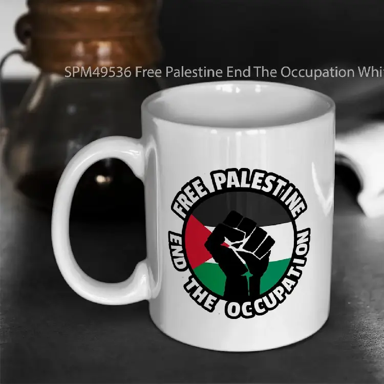 SPM49536 Free Palestine End The Occupation White Text Gelas Keramik Supermug