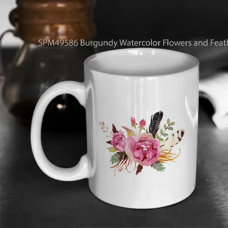 SPM49586 Burgundy Watercolor Flowers and Feathers Gelas Keramik Supermug