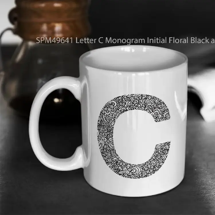 SPM49641 Letter C Monogram Initial Floral Black and White Gelas Keramik Supermug