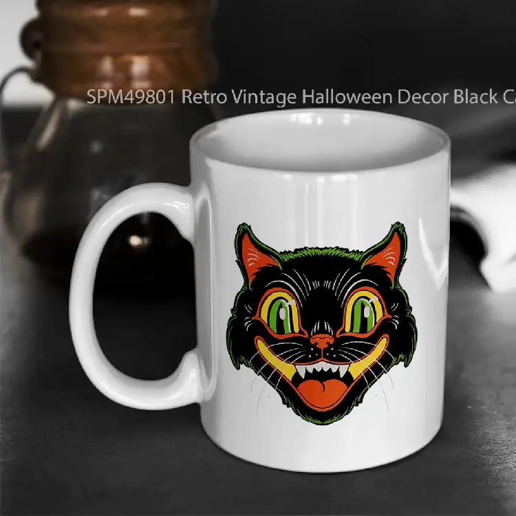 SPM49801 Retro Vintage Halloween Decor Black Cat Face Gelas Keramik Supermug