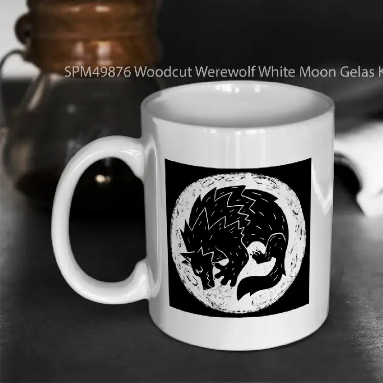 SPM49876 Woodcut Werewolf White Moon Gelas Keramik Supermug