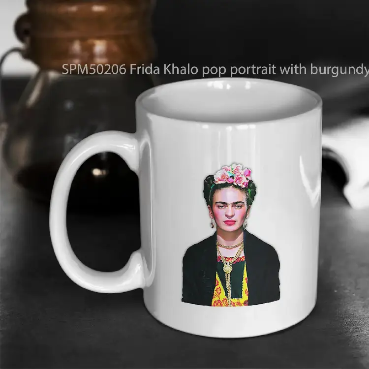 SPM50206 Frida Khalo pop portrait with burgundy bg digital paint by Iona Art Digital Gelas Keramik Supermug
