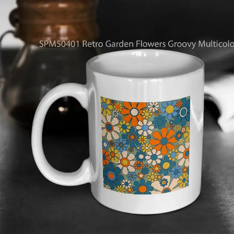 SPM50401 Retro Garden Flowers Groovy Multicolor 60s 70s Floral Pattern Green Blue Orange Mustard Gelas Keramik Supermug