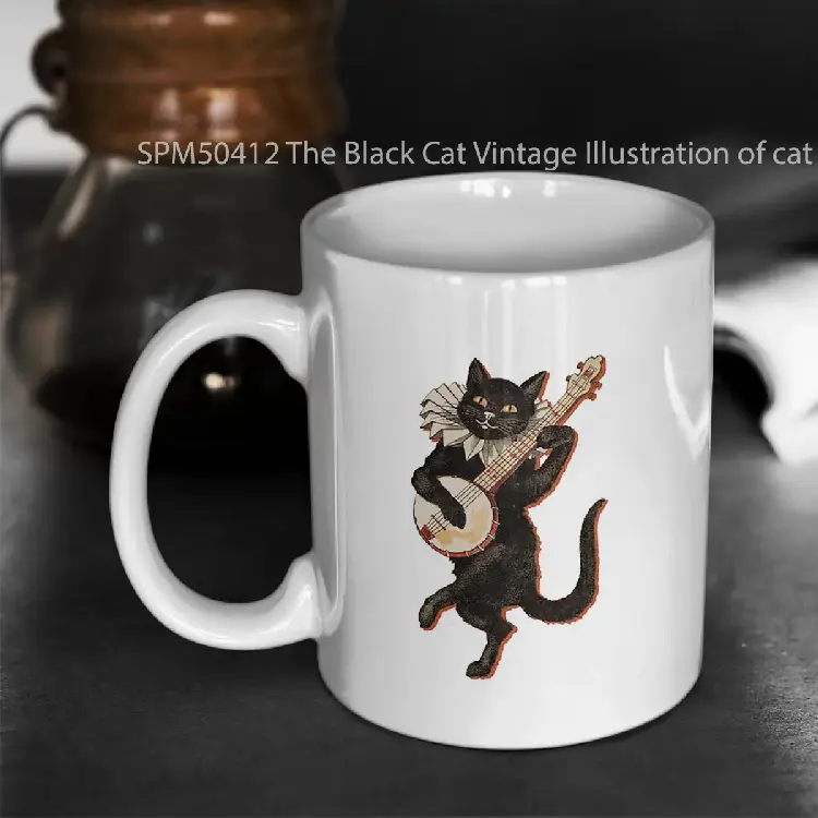 SPM50412 The Black Cat Vintage Illustration of cat dancing and playing the banjo 1896 Gelas Keramik Supermug