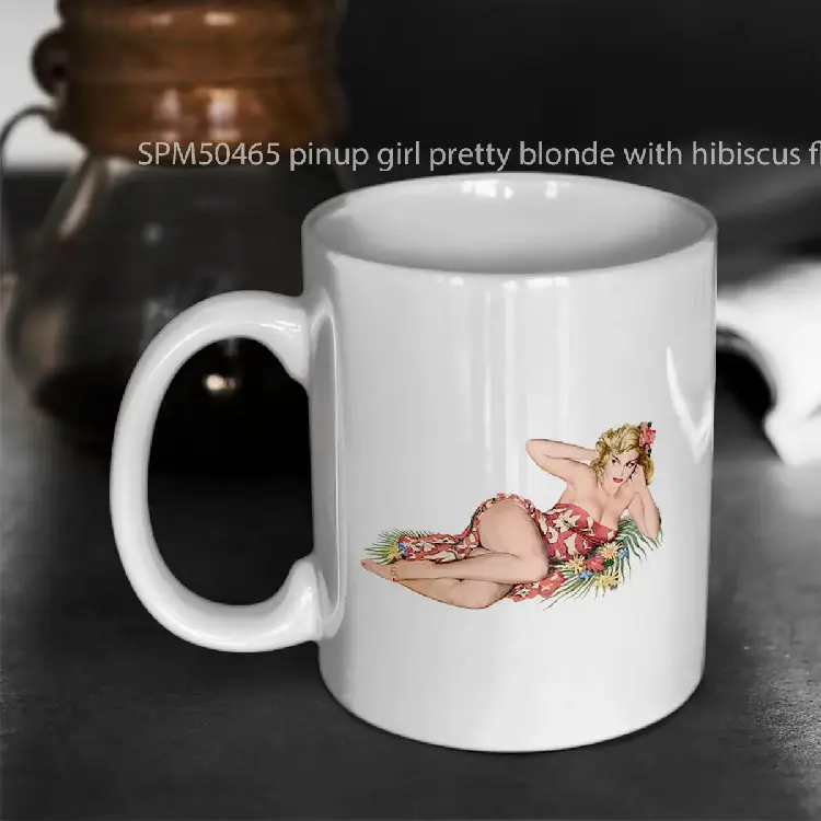 SPM50465 pinup girl pretty blonde with hibiscus flowers Gelas Keramik Supermug