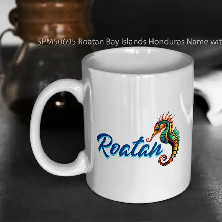 SPM50695 Roatan Bay Islands Honduras Name with Seahorse Design Gelas Keramik Supermug