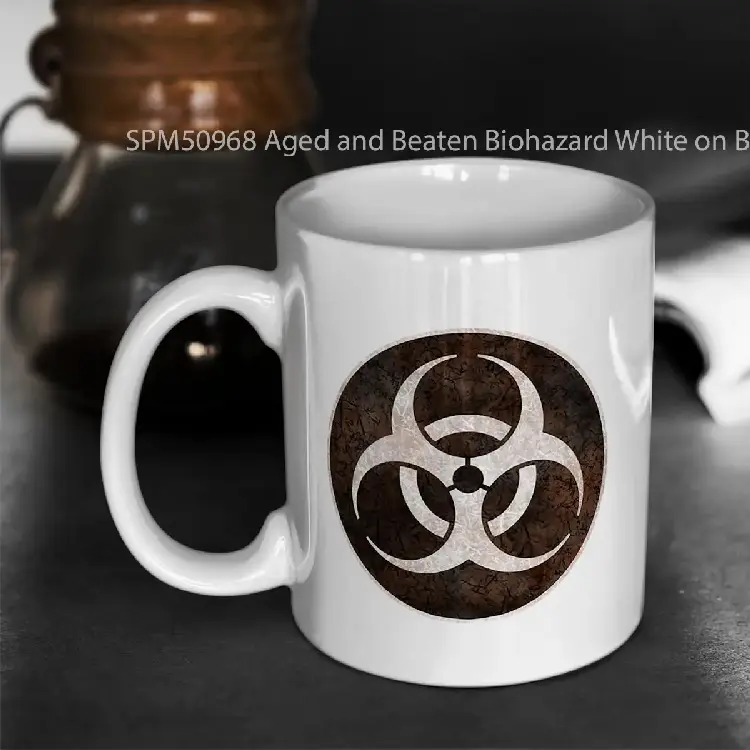 SPM50968 Aged and Beaten Biohazard White on Black Apocalypse Geek Gelas Keramik Supermug