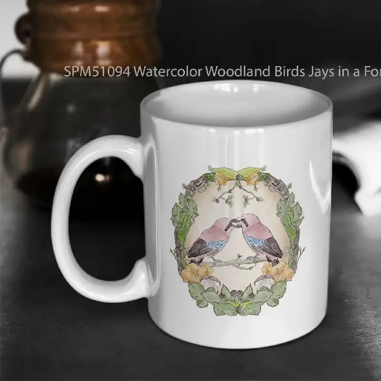 SPM51094 Watercolor Woodland Birds Jays in a Forest Plants Blackberries Ivy and Fungi Mushroom Frame Gelas Keramik Supermug