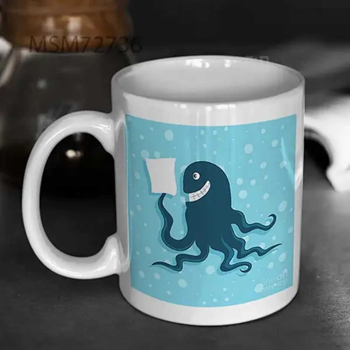 Cartoon Smiling Octopus With Paper Mug