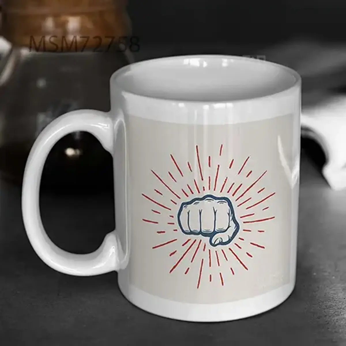 Fist With Sunbursts In Vintage Style Mug